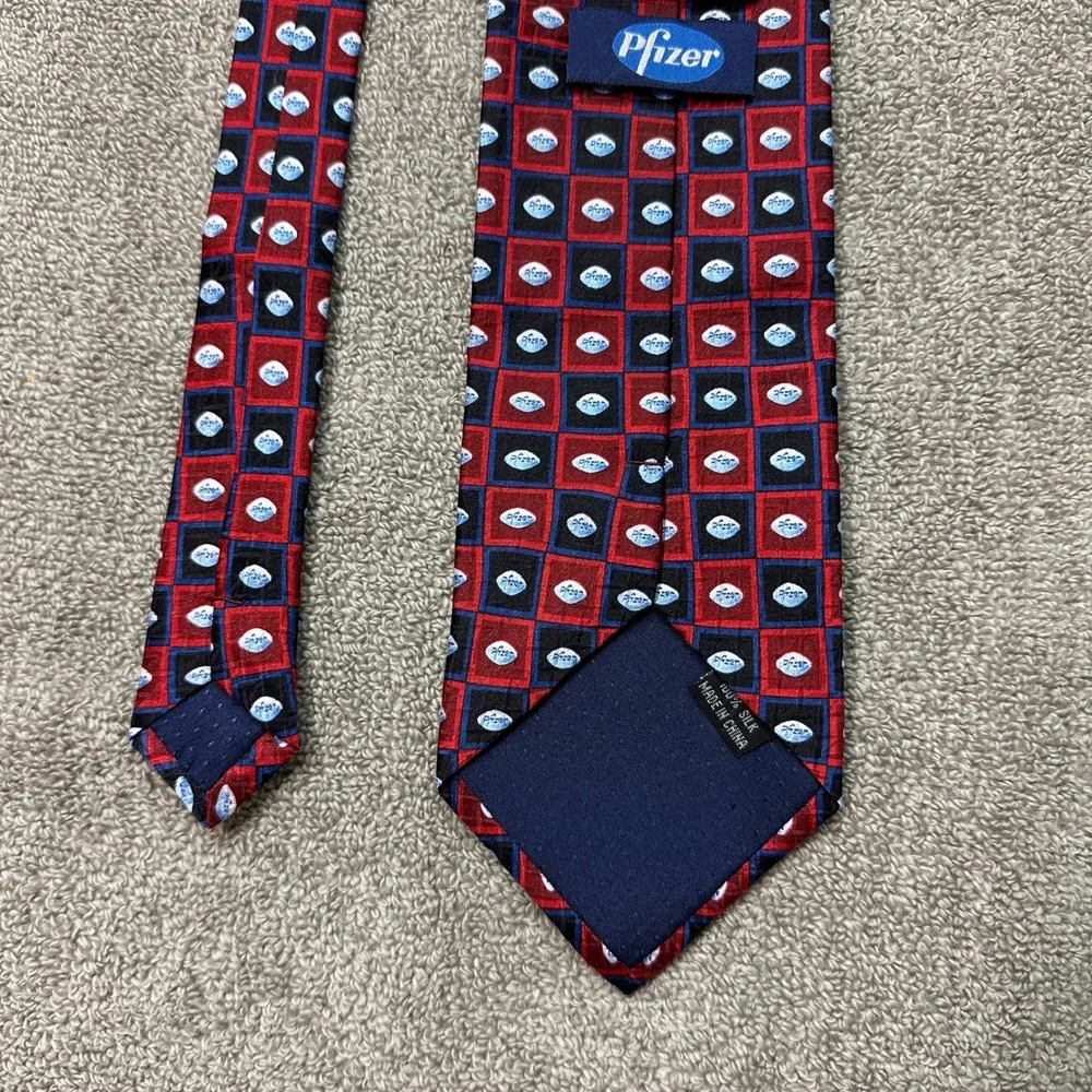 Pfizer Mens Silk Necktie Red Black Blue Geometric Logo Corporate Promo Tie